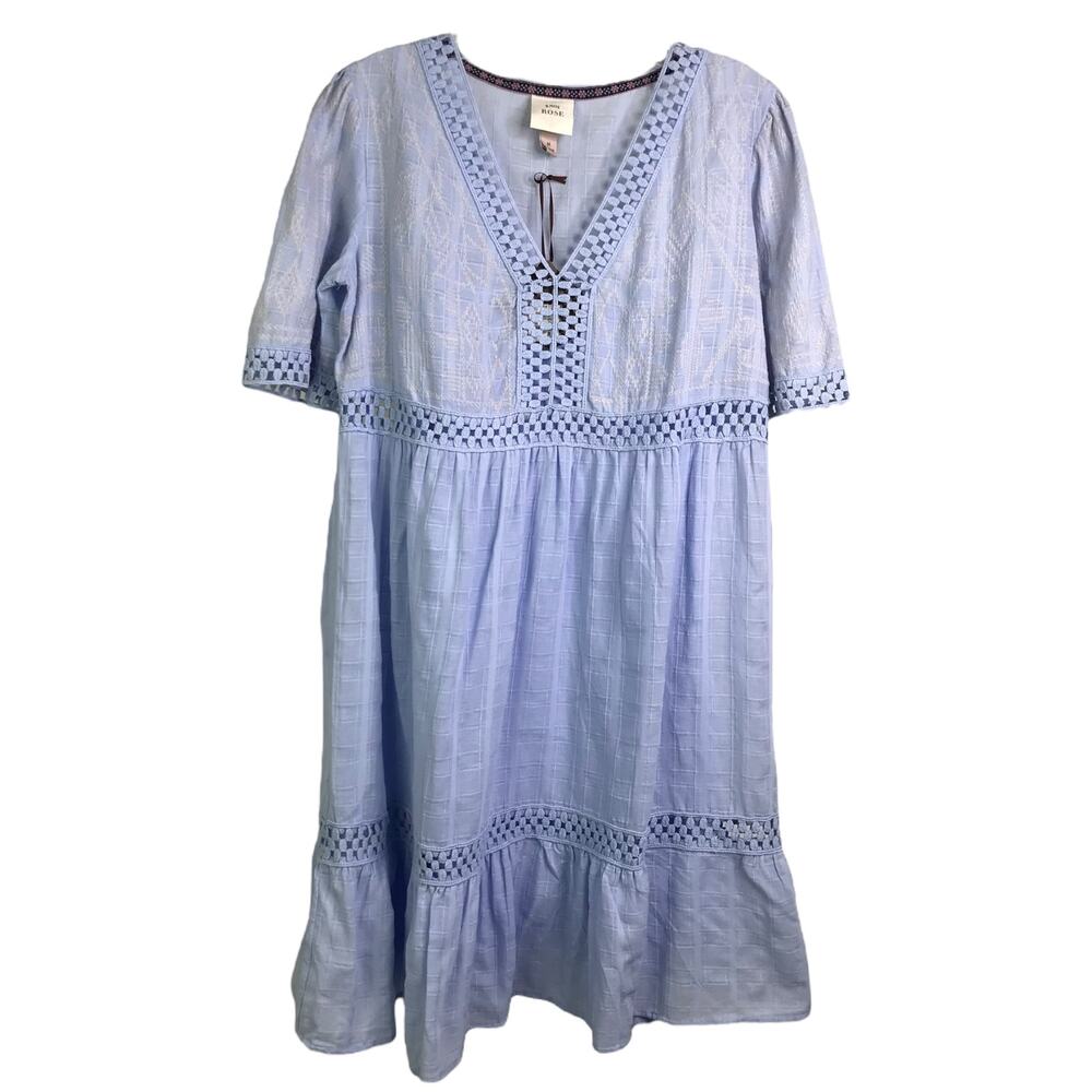 Knox Rose Dress Womens Size Medium Blue Eyelet Peasant V-Neck‎ Short Sleeve NWT
